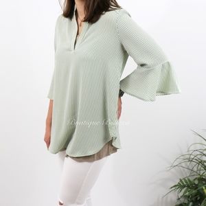 Sage and White Stripe Top with 3/4 Bell Sleeve